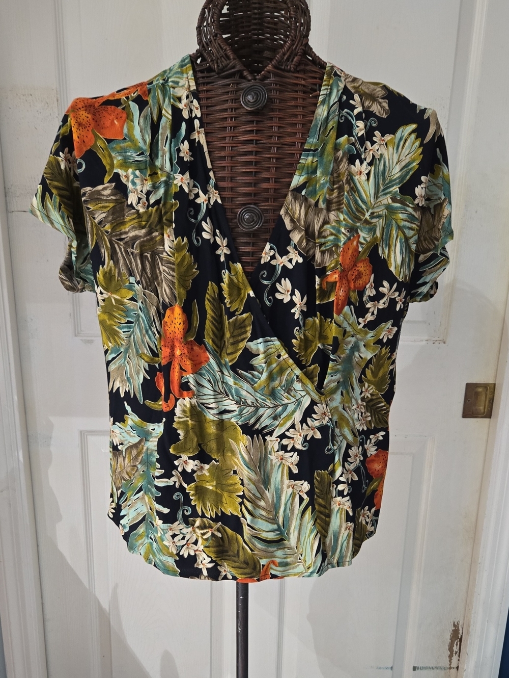 Women's Tropical V-Neck Wrap Blouse - Black with Green & Orange Floral